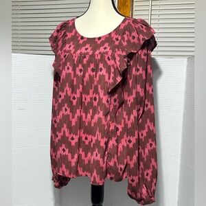 Mittoshop Pink & brown  sz M Ruffled Blouse Log sleeve Ruffled neckline 24”L